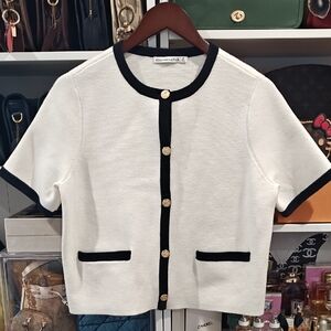 Abercrombie & Fitch Cream and Black Cropped Cardigan with Gold Button